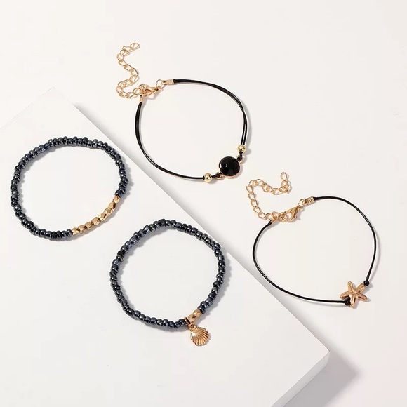 4 Pcs Black & Gold Starfish and Shell Bracelet Set - Picture 7 of 8